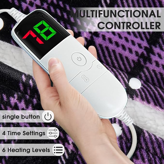 Heated Electric Blanket Queen Size, 84X90 Heating Blanket Queen with Dual Control&10 Heats Levels&Timer for Bed,Purple Plaid Sherpa Soft Blankets Warmer Gift for Grandma Women Adults, Washable