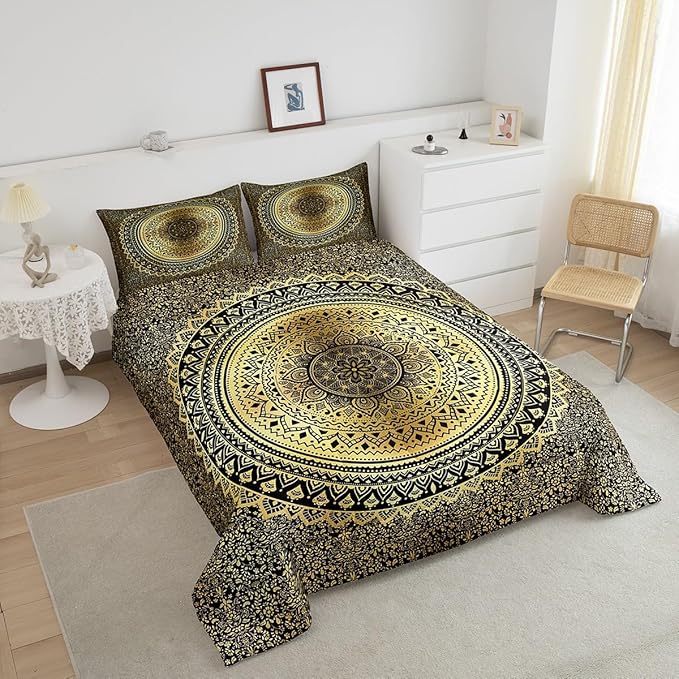 Hippie Mandala Comforter Set Twin Size for Boys Kids Gold Mandala Room Decor Psychedelic Comforter Teens Bedroom Indian Boho Bedding Set All Season 1 Comforter with 1 Pillow Case,Lightweight Warm Soft
