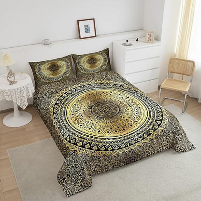 Hippie Mandala Comforter Set Twin Size for Boys Kids Gold Mandala Room Decor Psychedelic Comforter Teens Bedroom Indian Boho Bedding Set All Season 1 Comforter with 1 Pillow Case,Lightweight Warm Soft