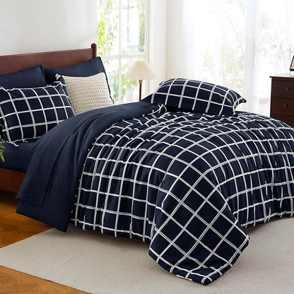 CozyLux Queen Comforter Set with Sheets - 7 Pieces Plaid Bed in a Bag Set Navy Blue, Queen Bedding Sets Bed Set with All Season Quilted Comforter, Flat Sheet, Fitted Sheet, Pillowcases & Pillow Shams