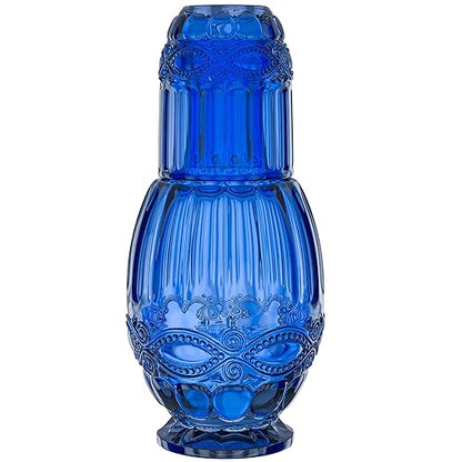 Bedside Water Carafe with Tumbler | 33-Ounce Pitcher and Matching Drinking Glass | Use Cup as a Lid for Carafe | For Guest Room, Nightstand, Office, or Gift | Blue | Elle Decor