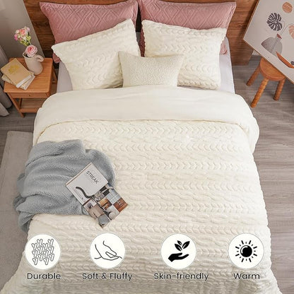 PHF Fluffy Sherpa Fleece Queen Comforter Set, 3 Pieces Warm Fuzzy Soft Bedding for Winter, 3D Tufted Flannel Plush Shaggy Bed Set, 1 Comforter (90"x90") and 2 Pillowcases (20"x26"), Cream