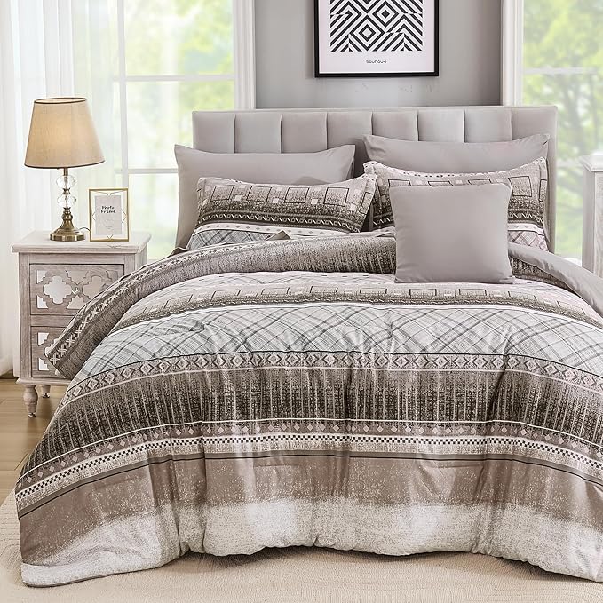 WONGS BEDDING Queen Size Comforter Set 8 Piece, Texture Striped Bed in a Bag Brown Comforter and Sheet Set, Boho Lightweight Microfiber Bedding Set for All Season (90"×90")