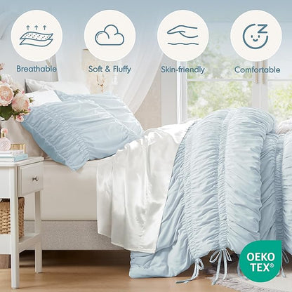 Intelligent Design Ruched Shabby Chic Comforters for King Size Bed, All Season Lightweight Comforter King, French Country Bedding Set, Sham, Ella, King/Cal King, Blue, 3 Piece