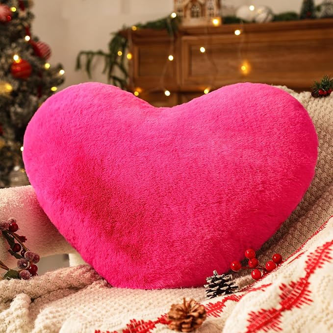 YRXRUS Heart Pillow, Rose Pink Heart Pillows, Love Pillow Gifts, 14X17 Inch Large Heart Shaped Pillows, Faux Rabbit Fur Coquette Room Decor Throw Pillows, Living, Bedroom, Indoor Outdoor