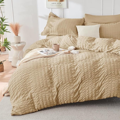 HYMOKEGE Khaki Twin Comforter Set Seersucker 5 Pieces, All Season Luxury Bed in a Bag for Bedroom, Bedding Set with Comforter, Sheets, Pillowcase & Sham
