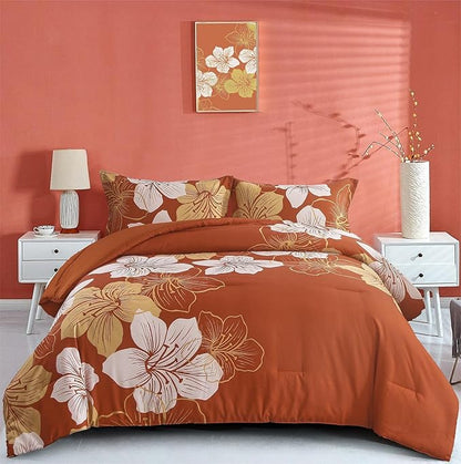 Menghomeus Terracotta Comforter Set King Gold Floral Bedding Burnt Orange Botanical Bedding Sets Lightweight Thanksgiving Bed Comforter Set (1 Comforter, 2 Pillowcases)