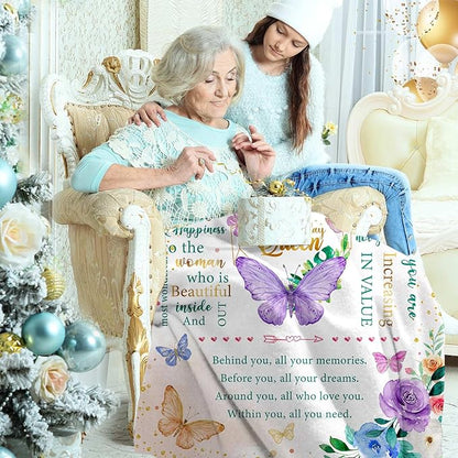 Birthday Gifts for Women, Happy Birthday Presents for Women Friendship Throw Blanket 50"X60", Best Birthday Queen Gifts Ideas for Mom Female Friend Wife Sister, Butterfly Bday Decorations for Woman