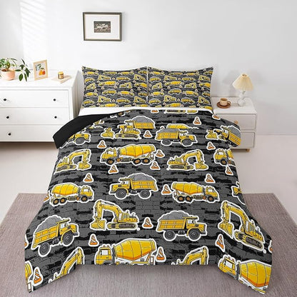 Erosebridal Excavator Comforter Set King Concrete Truck Pattern Bedding Set Child Teens Construction Down Comforter for Kids Boys Cartoon Toy Cars Quilt Set Bedroom Decor, Grey