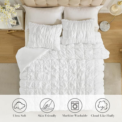Amélie Home King Comforter Set, 3 Pieces White Bubble Bedding Set for All Season, Ultra Soft Cozy Comforter, Farmhouse Luxury Gift for Women Home Decor