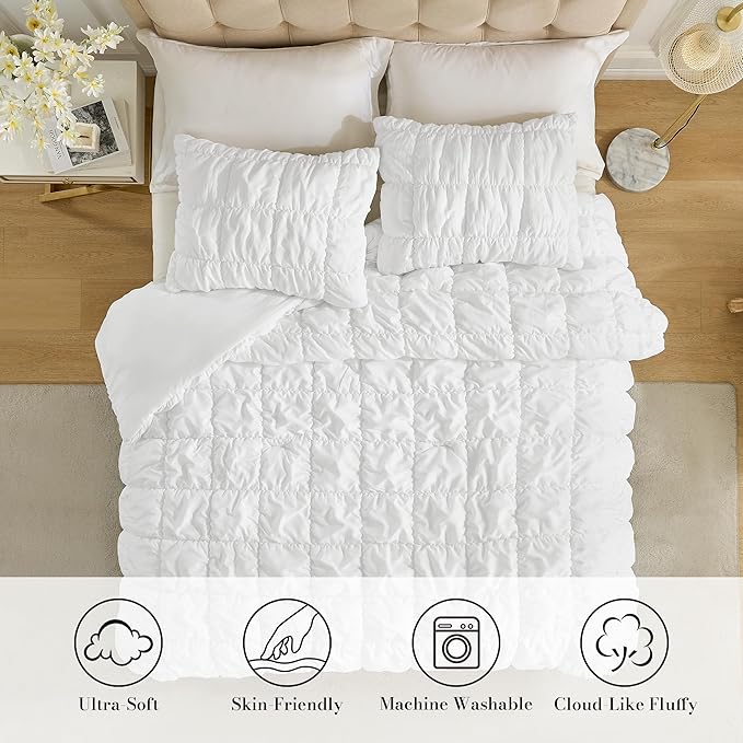 Amélie Home Twin Comforter Set, 2 Pieces White Bubble Bedding Set for All Season, Ultra Soft Cozy Comforter, Farmhouse Luxury Gift for Women Home Decor