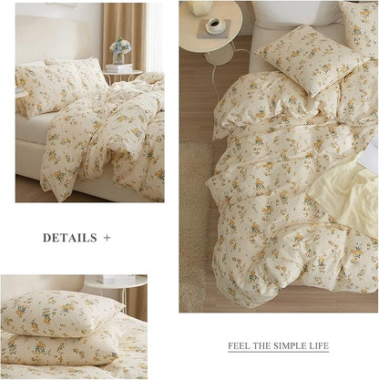 mixinni Garden Style Floral Comforter Set for King Size Bed Boho Yellow Floral Bedding Sets Fluffy Flowers Leaves Bed Sets for All Season 1 Comforter with 2 Pillow Shams for Women