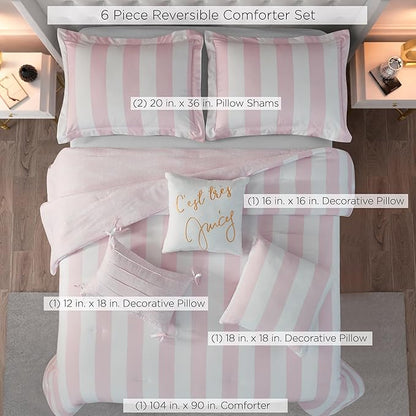 Juicy Couture Cabana Stripe Reversible Bedding Set - King Size - Dogwood Pink/White Stripe Print – 6 Piece Set – Includes 1 104" x 90" Comforter, 3 Decorative Pillows, 2 Shams