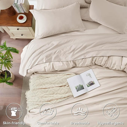 Anluoer Beige King Comforter Set 7 Pieces, Bed in a Bag with Sheets, All Season Bedding Sets with 1 Comforter, 2 Pillow Shams, 2 Pillowcases, 1 Flat Sheet, 1 Fitted Sheet