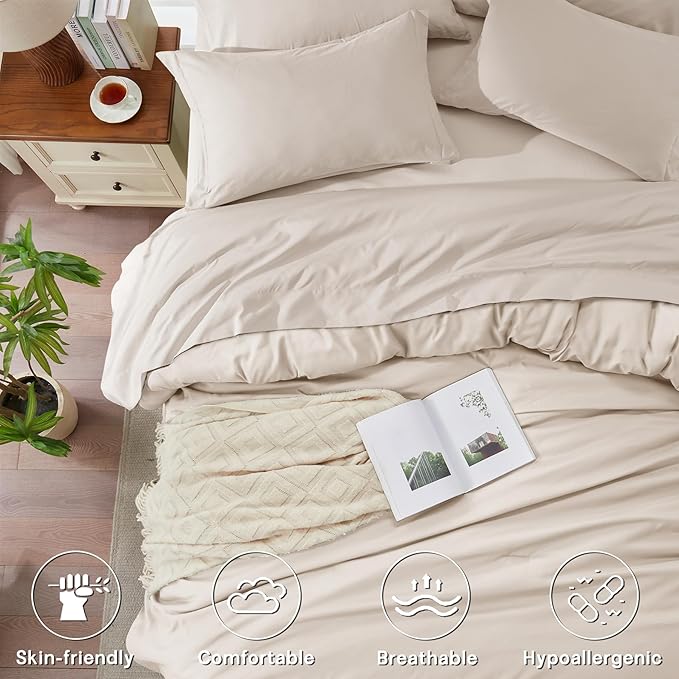 Anluoer Beige Twin Comforter Set 5 Pieces, Bed in a Bag with Sheets, All Season Bedding Sets with 1 Comforter, 1 Pillow Sham, 1 Pillowcase, 1 Flat Sheet, 1 Fitted Sheet