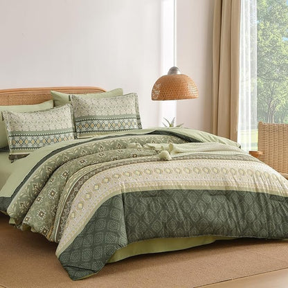 Comforter Set King Size Boho,7 Pieces Sage Green Bedding Set Bohemian Striped Bed in a Bag,Soft Microfiber Paisley Floral Comfortet and Sheet Sets for Family All Season