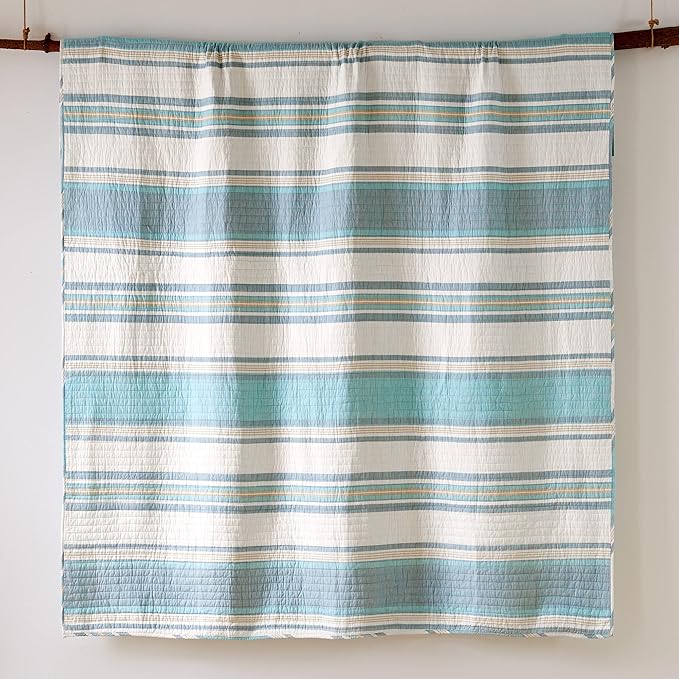 Levtex Home - Kailua Quilt Set - Queen Quilt + Two Standard Pillow Shams - Stripe - Blue Teal Taupe Cream - Quilt (88x92in.) and Pillow Shams (26x20in.) - Reversible - Cotton Fabric