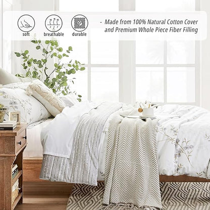 Vintage Botanical White Cotton Comforter Queen Size - Elegant Gray Flowers and Taupe Branches on White, Light Gray Striped Back, 3PC Lightweight Bedding Set with Ultra-Soft Alternative Fill
