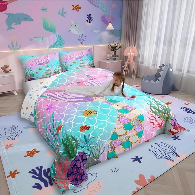 Erosebridal Mermaid Tail Comforter Set,Kids Fish Scales Duvet Stuffing Full,Girly Rainbow Bedding Set Ocean Life Sea Animal Bed Quilt Teal Sequins Pastel Pink Paillette Bedroom Decor,Multicolor