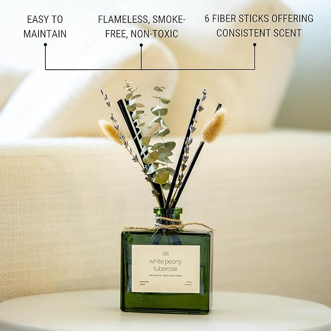 Craft & Kin Reed Diffuser with Dried Flowers | 5 oz White Peony & Tuberose Scented Holiday Reed Diffusers for Home, Bathroom | Scent Sticks | Elegant Fragrance Home Decor for Men & Women