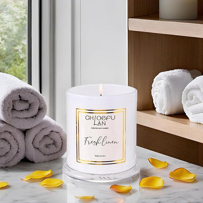 Chloefu LAN White Linen Candles, Luxury Scented Soy Jar Bathroom Candle, Highly Fragranced, Odor Eliminating Candles for Home, Air Freshing Soy Candle, White Glass Jar, Essential Oils, 75 Hours 10 oz