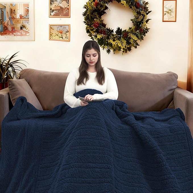 Electric Heated Blanket Full Size 72"×84" with 9 Heating Levels & 1-10Hs Auto Off，Double Sided Plush Sherpa, Energy Efficient, Machine Washable, for Couch & Bed, Dark Blue