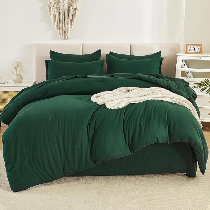 Litanika Full Size Comforter Sets Dark Emerald Green - 7 Pieces Bed in a Bag Full Bedding Comforter Sets, Solid Lightweight Bed Set with Comforter, Sheets, Pillowcases & Shams