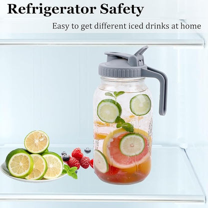 Mason Jar Pitcher Wide Mouth 64 OZ Glass Jars With Pour Spout Lids Airtight Leak-proof 2 Quart Water Pitcher With Handle For Iced Tea, Milk, Sun Tea, Lemonade, Iced Coffee