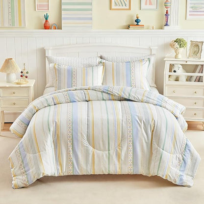 Joyreap 3pcs Cotton Comforter Set King, Stripes Boho Blue Yellow Beige Design, Soft Cozy Lightweight Bedding Comforter Set for All Seasons- 100x88 inches