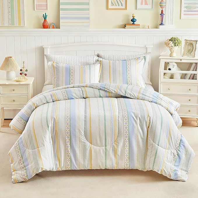 Joyreap 3pcs Cotton Comforter Set Twin, Stripes Boho Blue Yellow Beige Design, Soft Cozy Lightweight Bedding Comforter Set for All Seasons- 68x88 inches