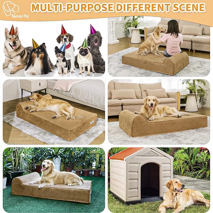 Orthopedic Dog Beds for Large Dogs, 7" Memory Foam Dog Beds with Waterproof Liner, Durable Microsuede Cover, Removable and Washable, Nonskid Bottom, 60"x48"x7" XXL Khaki