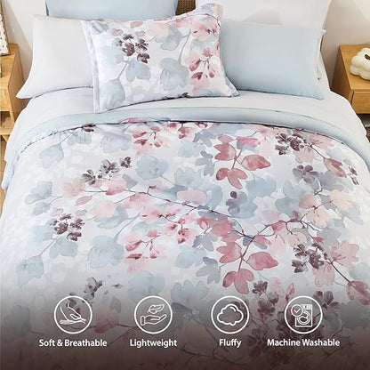 Twin Comforter Set Blush Bed Set, 6 Pieces Cute Floral Bedding Set Ultra Soft Botanical Flowers Comforter, Sheets, Pillowcase & Sham