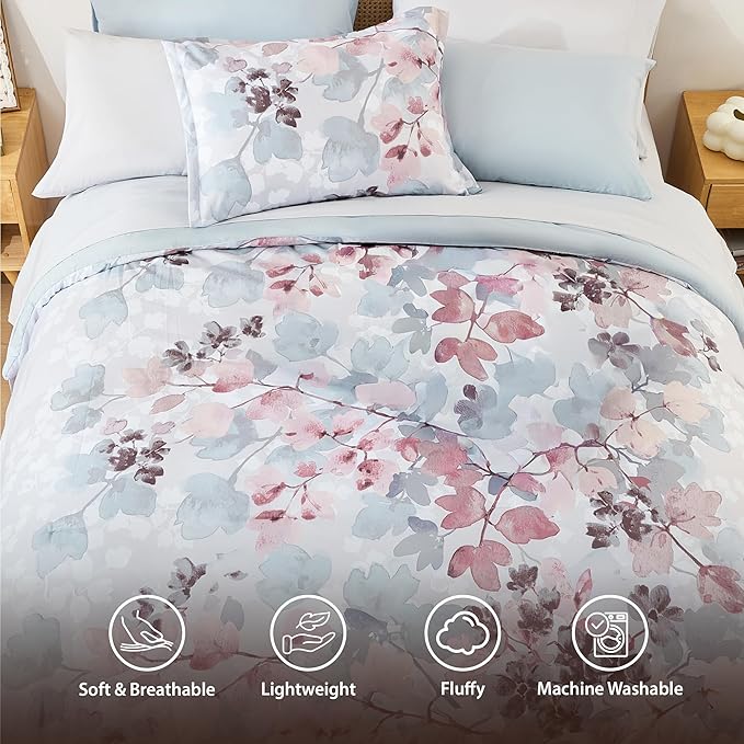 Twin XL Comforter Set Blush Bed Set, 6 Pieces Cute Floral Bedding Set Ultra Soft Botanical Flowers Comforter, Sheets, Pillowcases & Sham