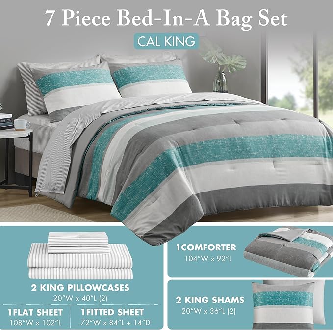Madison Park Essentials King Comforter Set, Bed in A Bag Comforter & Sheet Set, Modern Casual Stripes Print, All Seasons, Soft Microfiber Bedding Makeover, Matching Shams, Cal King Aqua/Grey 7 Piece
