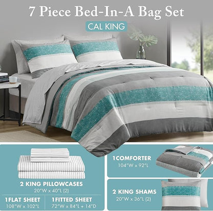 Madison Park Essentials King Comforter Set, Bed in A Bag Comforter & Sheet Set, Modern Casual Stripes Print, All Seasons, Soft Microfiber Bedding Makeover, Matching Shams, Cal King Aqua/Grey 7 Piece
