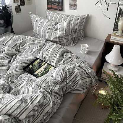 VM VOUGEMARKET Pinstripes Comforter Set Queen Washed Cotton Vertical Striped Neutral Bedding Set 1 Comforter and 2 Pillowcase (Grey White)