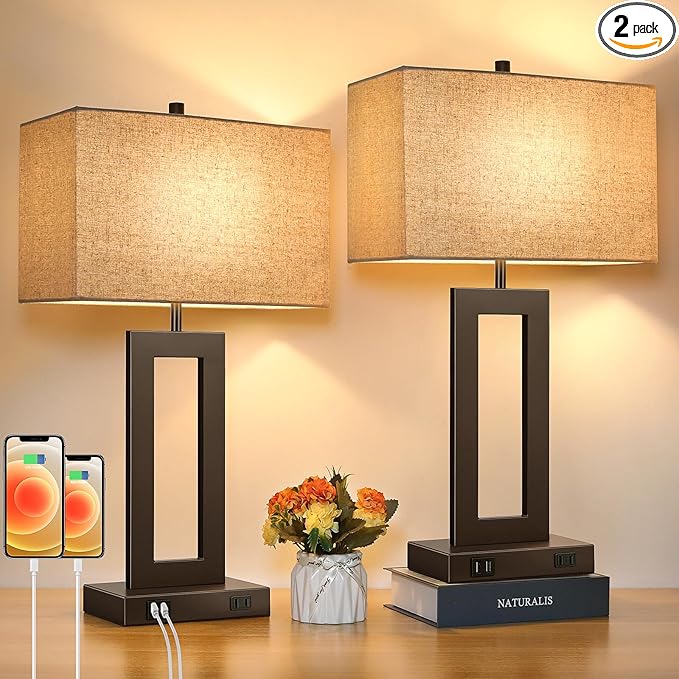 Set of 2 Touch Control Table Lamps with 2 USB Ports&AC Outlet, 3-Way Dimmable Modern Nightstand Lamp Sets, Brown Bedside Desk Lamps for Bedroom Living Room End Tables, Bulbs Included, Cream Shade