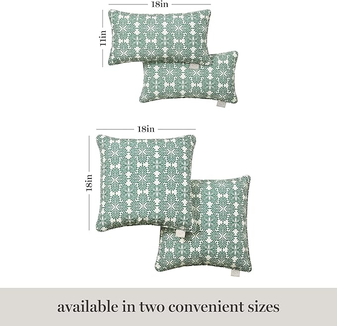 Martha Stewart Tulum Indoor Outdoor Decorative Lumbar Pillow 2-Pack Set, UV Fade Resistant, Water Repellent, Printed Modern Design, Green, 11"x18"