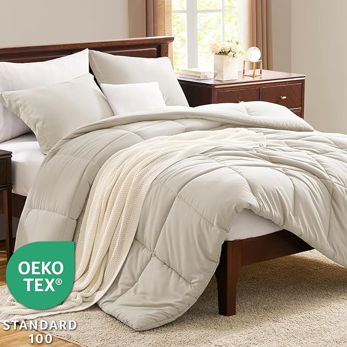 CozyLux King Size Comforter Set - Beige Comforter King Size, 3 Pieces Box Stitched Bed Set for All Seasons, Soft Lightweight Bedding Sets with 1 Down Alternative Comforter and 2 Pillow Shams