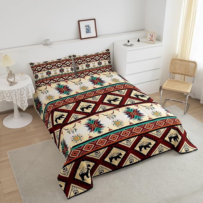 Erosebridal Black Bear Bedding Sets Exotic Bull Skull Western Comforter Set King,Ethnic Tribe Arrow Aztec Quilt Tribal Geometric Diamond Duvet Insert,Woodland Animals Boho Western Decor,Red