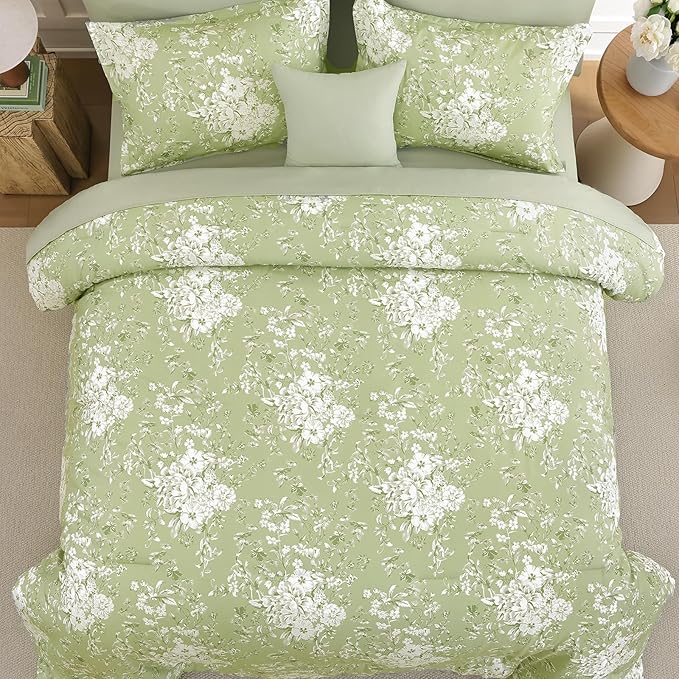 WONGS BEDDING King Size Comforter Set, 8 Pieces Sage Green Floral Bed in a Bag Comforter Sets, Botanical Print Soft Fluffy Microfiber Complete Bedding Sets for All Season (90"x104")