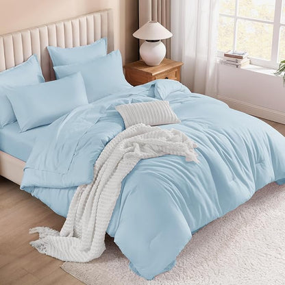 Litanika Twin/Twin XL Size Comforter Sets Grey Light Blue - 5 Pieces Bed in a Bag Twin/Twin XL Bedding Comforter Sets, Solid Lightweight Bed Set with Comforter, Sheets, Pillowcase & Sham