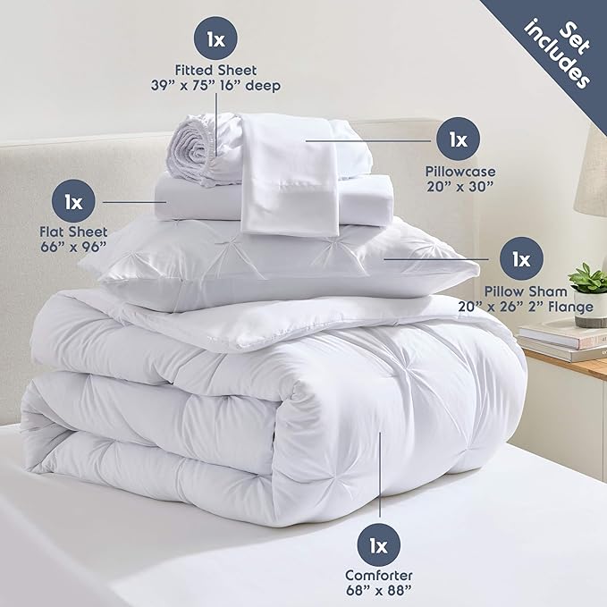 Nestl Twin Comforter Set 5 Piece - Pintuck Twin Bedding Sets White, College Dorm Room Essentials for Girls and Boys Bed in a Bag Twin All Season, Twin Comforter Set with Sheets, Pillowcase and Sham