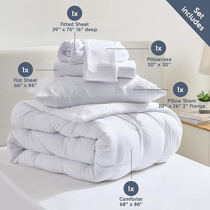 Nestl Twin Comforter Set 5 Piece - Pintuck Twin Bedding Sets White, College Dorm Room Essentials for Girls and Boys Bed in a Bag Twin All Season, Twin Comforter Set with Sheets, Pillowcase and Sham