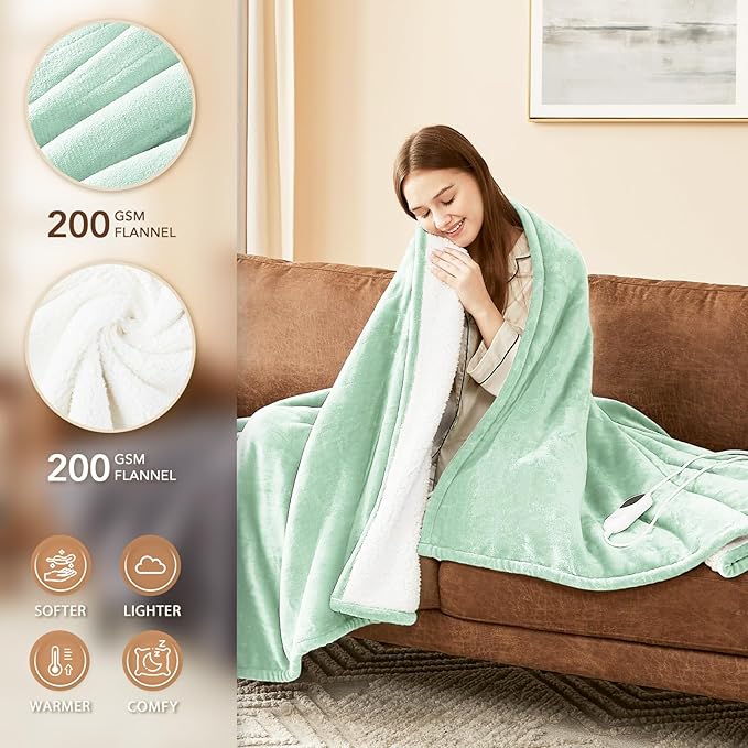 Homemate Electric Heated Blanket Twin Size - 62"x84" Heating Blanket Twin Size 1/2/4/6/8 Hours Auto-Off 10 Heat Level Over-Heat Protection Flannel Sherpa ETL Certification