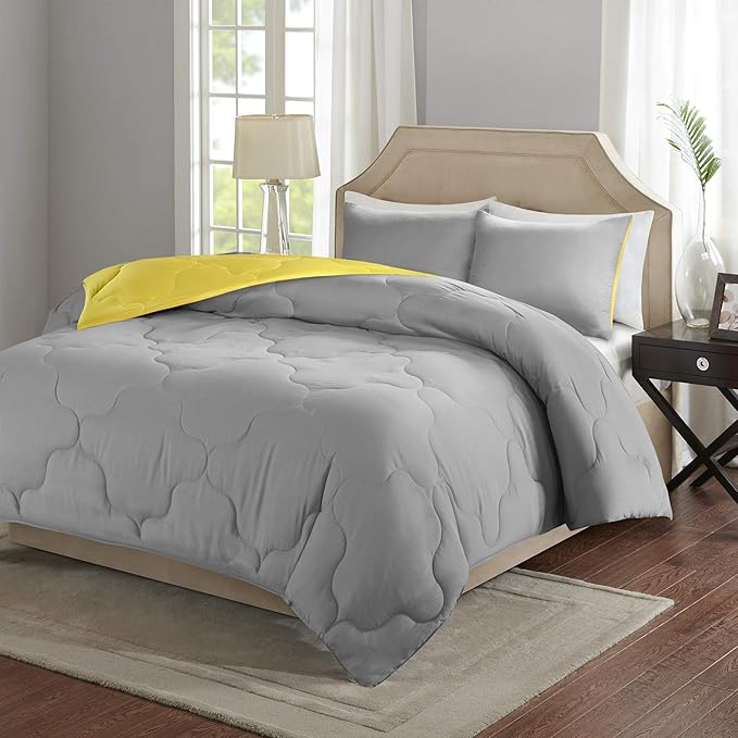 Comfort Spaces Vixie Reversible Comforter Set - Trendy Casual Geometric Quilted Cover, All Season Down Alternative Cozy Bedding, Matching Sham, Grey/Yellow, Full/Queen 3 piece