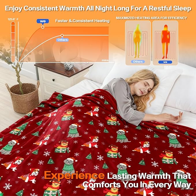 Electric Blanket Heated Throw, Soft Flannel 50"x60" Plaid Heating Blanket with 8 Hours Auto Off 10 Fast Heating Levels Machine Washable Sherpa Heated Blanket with Overheating Protection