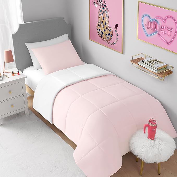 Juicy Couture Reversible Box Stitch Comforter Set, 2-Piece Twin/Twin XL – Pink Marshmallow/White – Glam Bedding Set