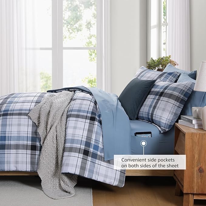 MaiRêve Full Size Plaid Comforter Set Lake Blue, Classic 7 Pieces Farmhouse Bedding Set, All Season Lightweight Bed in A Bag with Sheets, Pillowcases & Shams