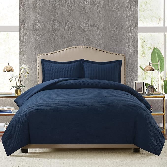 Chezmoi Collection Wilmer 3-Piece Waffle Weave Comforter Set - Soft and Cozy All Season Bedding Set, Queen, Navy